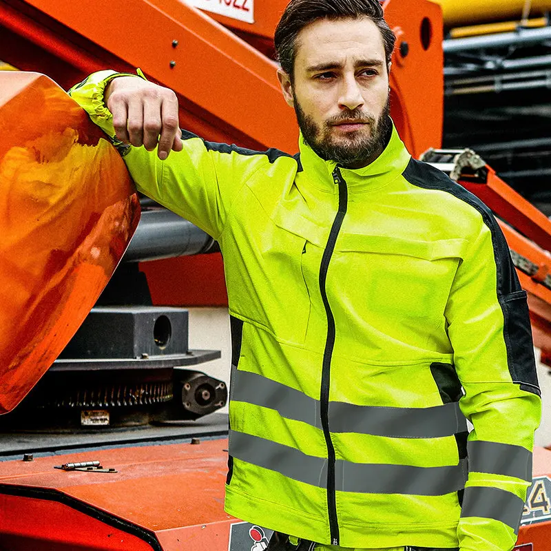 Fluorescerend Geel Arbeid Bescherming Pak Met Hi Vis Reflecterende Strepen Multi Pockets Veiligheid Werk Uniform Jas + Broek Set Mannen