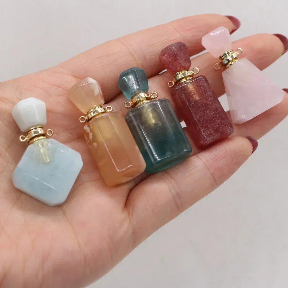 Natural Stone Perfume Bottle Pendant Rose Quartzs Amethysts Essential Oil Diffuser Pendant for Jewelry Charms Exquisite Gift