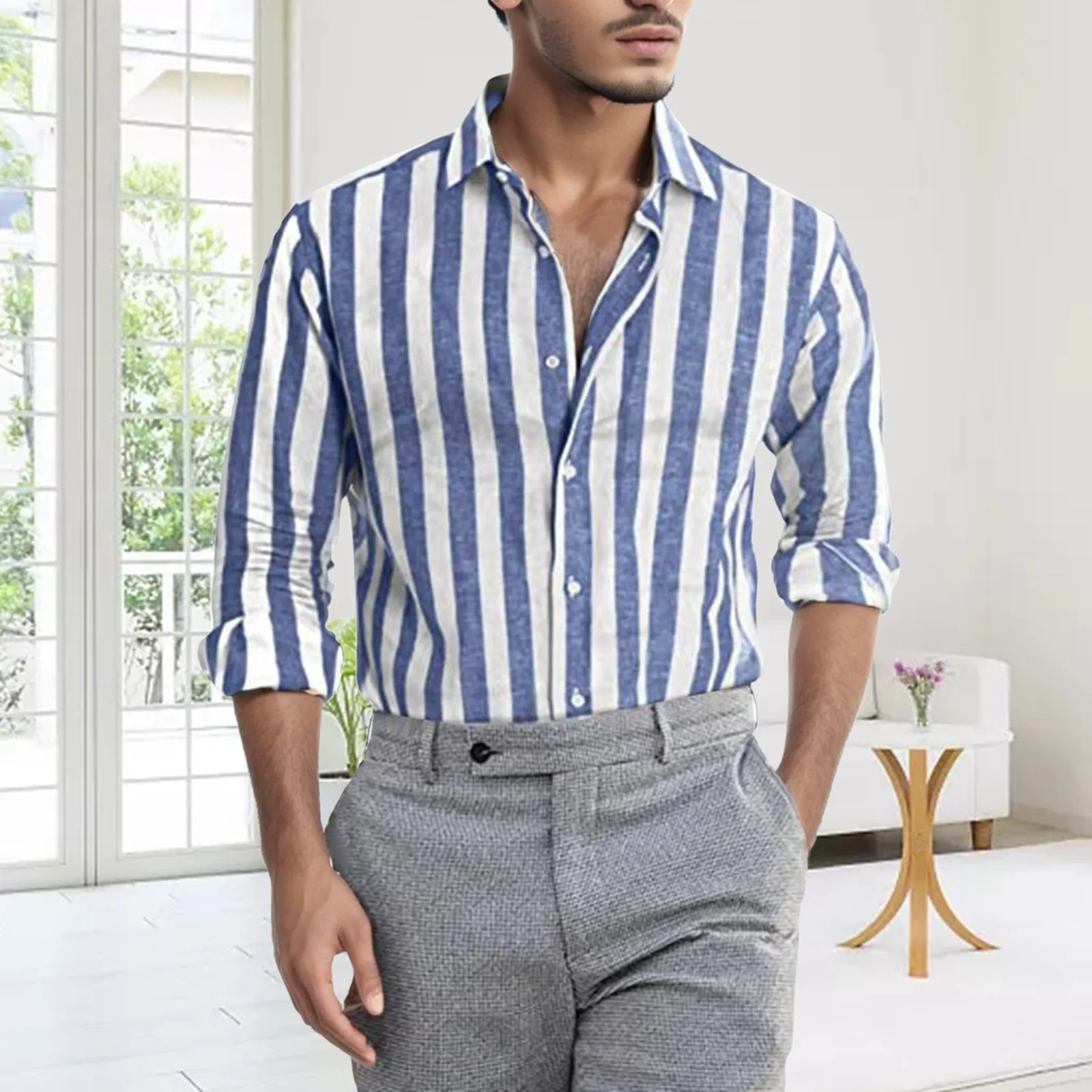 

Classic Blue Striped Shirt Men Autumn Slim Fit Long Sleeve Business Casual Shirts Simple Office Daily Wear Men's Clothing