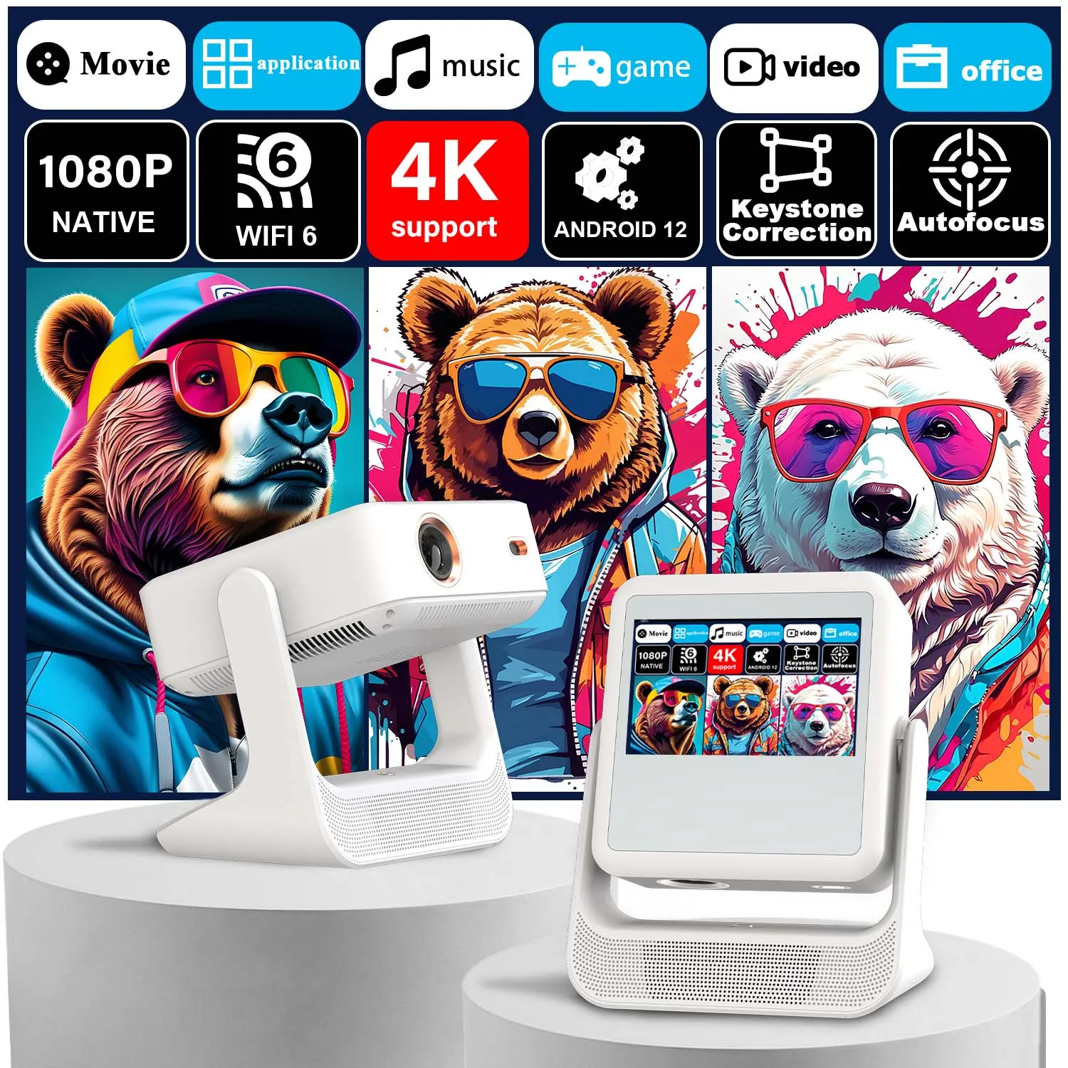 Projektor 4K 1080P, 8" Touchscreen, WiFi Bluetooth, Dual Screen HDMI USB, Heimkino Film Karaoke