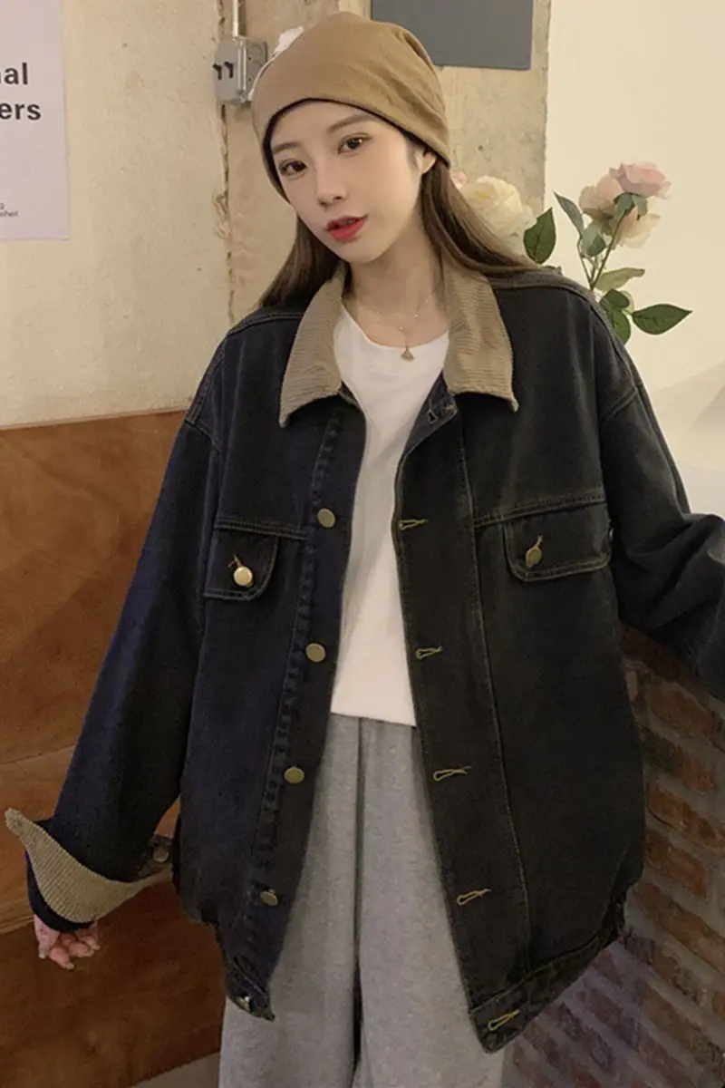 معطف الدنيم للنساء الشتاء جلد الغنم مبطن مقنعين زر مزين أفخم اقتصاص اصطف رفرف سمكا الرباط شيك #1