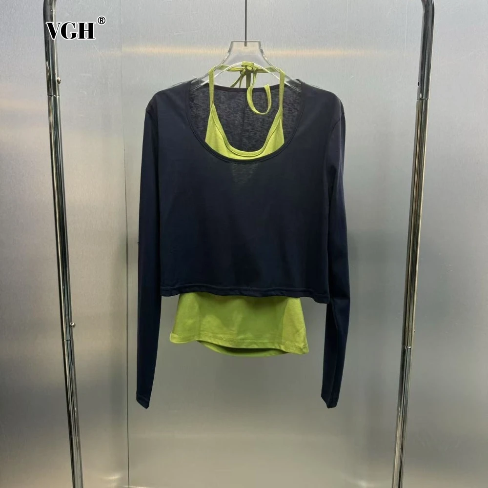 

VGH Hit Color Комплект из двух предметов для женщин Холтер без рукавов Жилет с круглым вырезом и длинным рукавом Прозрачные футболки Горячий наряд для девочек Женский осенний новый
