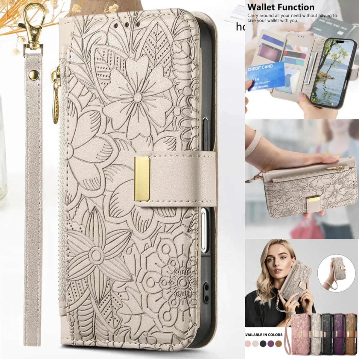 Reißverschluss-Flip-Leder-Handyhülle für iPhone 17 Air 16E 16 15 14 13 12 Pro Max, Kartensteckplatz, Brieftasche, Handschlaufe, Schutzhülle, Etui