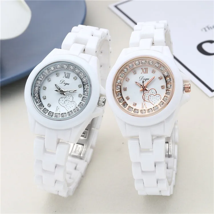 Digu Women Quartz Watch Diamond Dial White Case Band Love Heart Orologio Luxury Ceramic Strap Clock Ladies Elegant Wristwatch