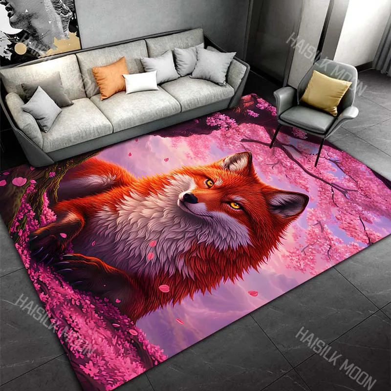 

Ковер с изображением лисы и цветов вишни разных размеров для гостиной, спальни, дивана, домашнего декора, нескользящий напольный коврик, роскошный подарок