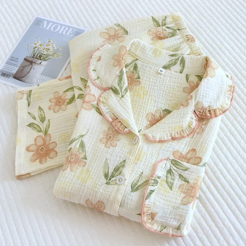 Pure Cotton Fresh Flowers Cardigan Long-sleeved Trousers Pajamas Women's Pajama Spring Summer Home Clothes Nightie Sleepwear