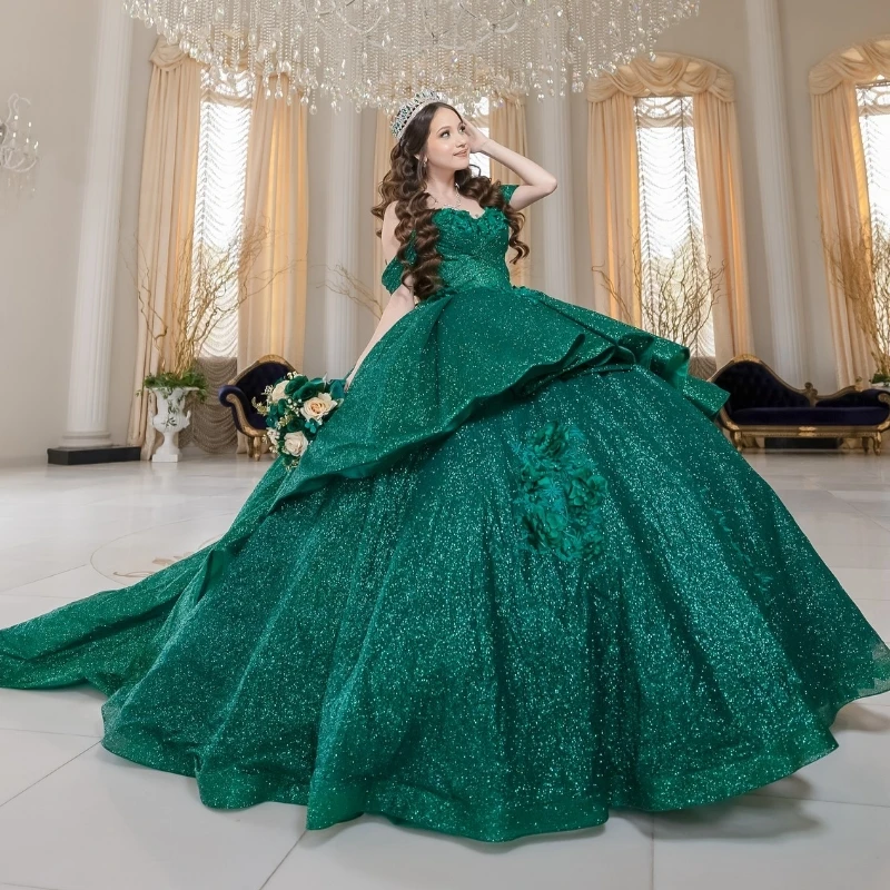 

Green Shiny Quinceanera Dress Ball Gown Off The Shoulder 3D Applique Beading Tull Corset Party Sweet 16 Vestidos De 15 Anos