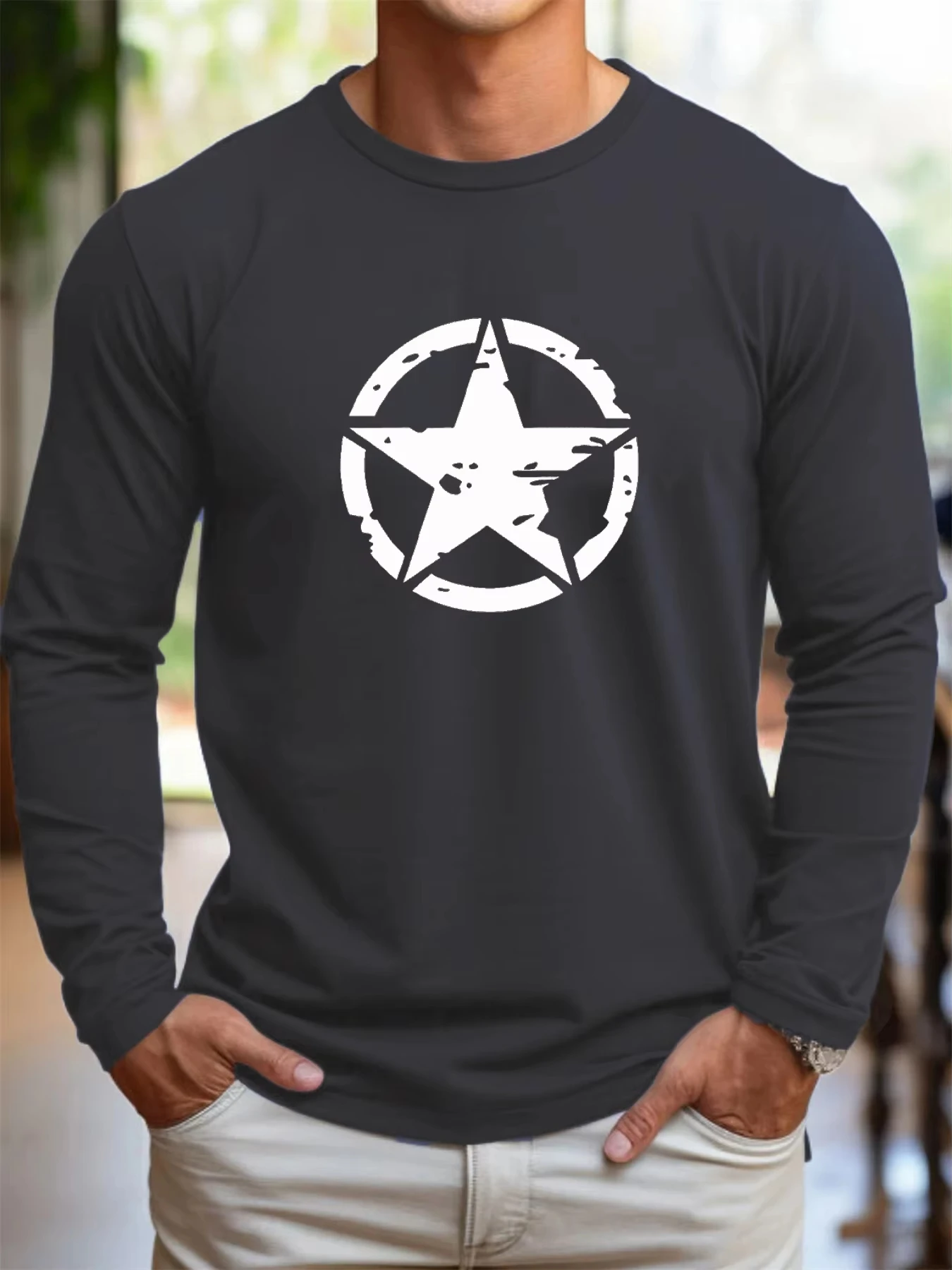 Camiseta con estampado de pentagrama 3D para hombre, camisetas informales de manga larga con cuello redondo, ropa de calle de tendencia, estilo Simple, primavera y otoño, 2026