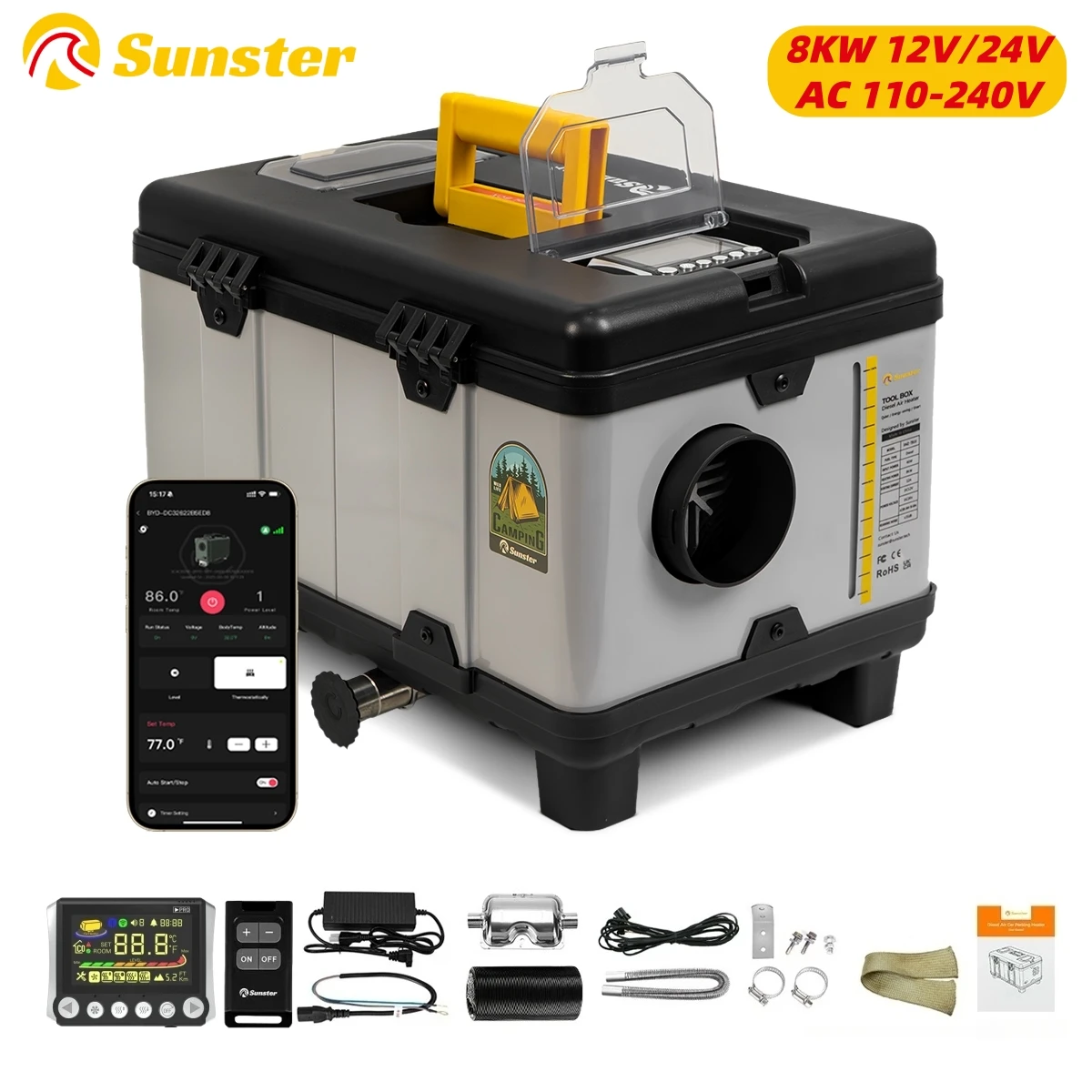TB10 8KW 12V/24V/110-240V Diesel Air Heater LCD & bluetooth APP with 5500m Altitude Mode parking heater for cars RV camper tent
