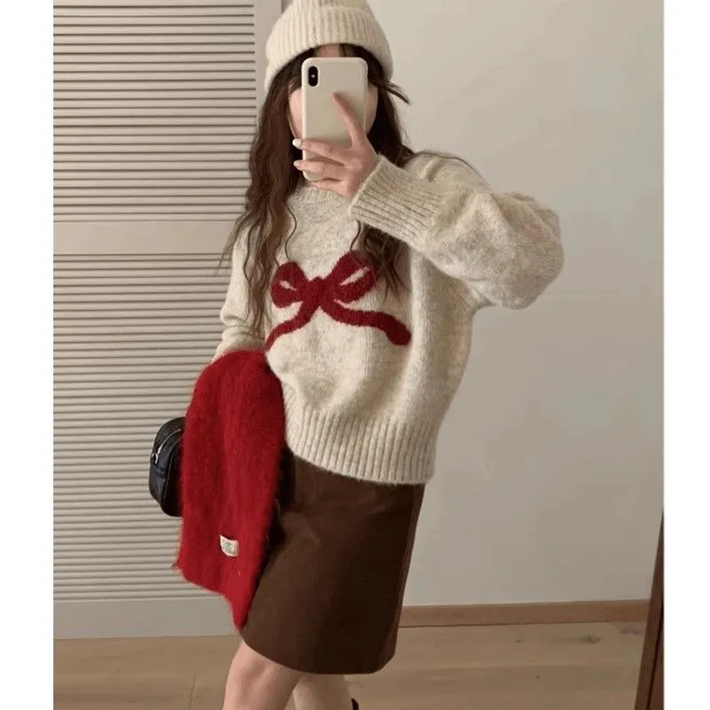 

Vintage Bow Jacquard Women's Soft Warm Sweaters Autumn Winter New Fashion Loose O-neck Casual Knitted Pullovers