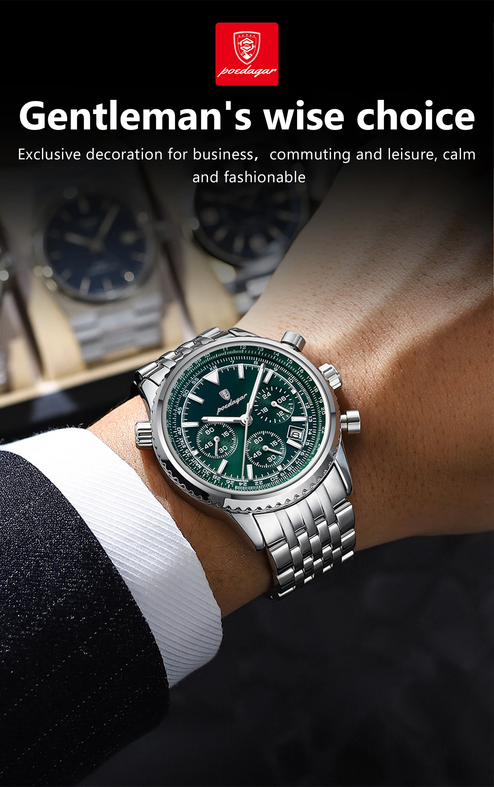 POEDAGAR Luxusuhren für Herren, Datum, Chronograph, Edelstahl, Sport-Herrenuhr, wasserdicht, leuchtender Quarz, Militär-Herrenuhr – Detail 6