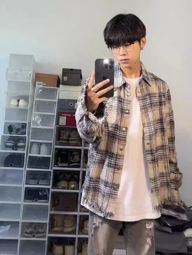 

Свободное мужское пальто в клетку с американской вышивкой в стиле ретро, весенне-осеннее модное пальто Cleanfit для пар, ткань из смеси хлопка