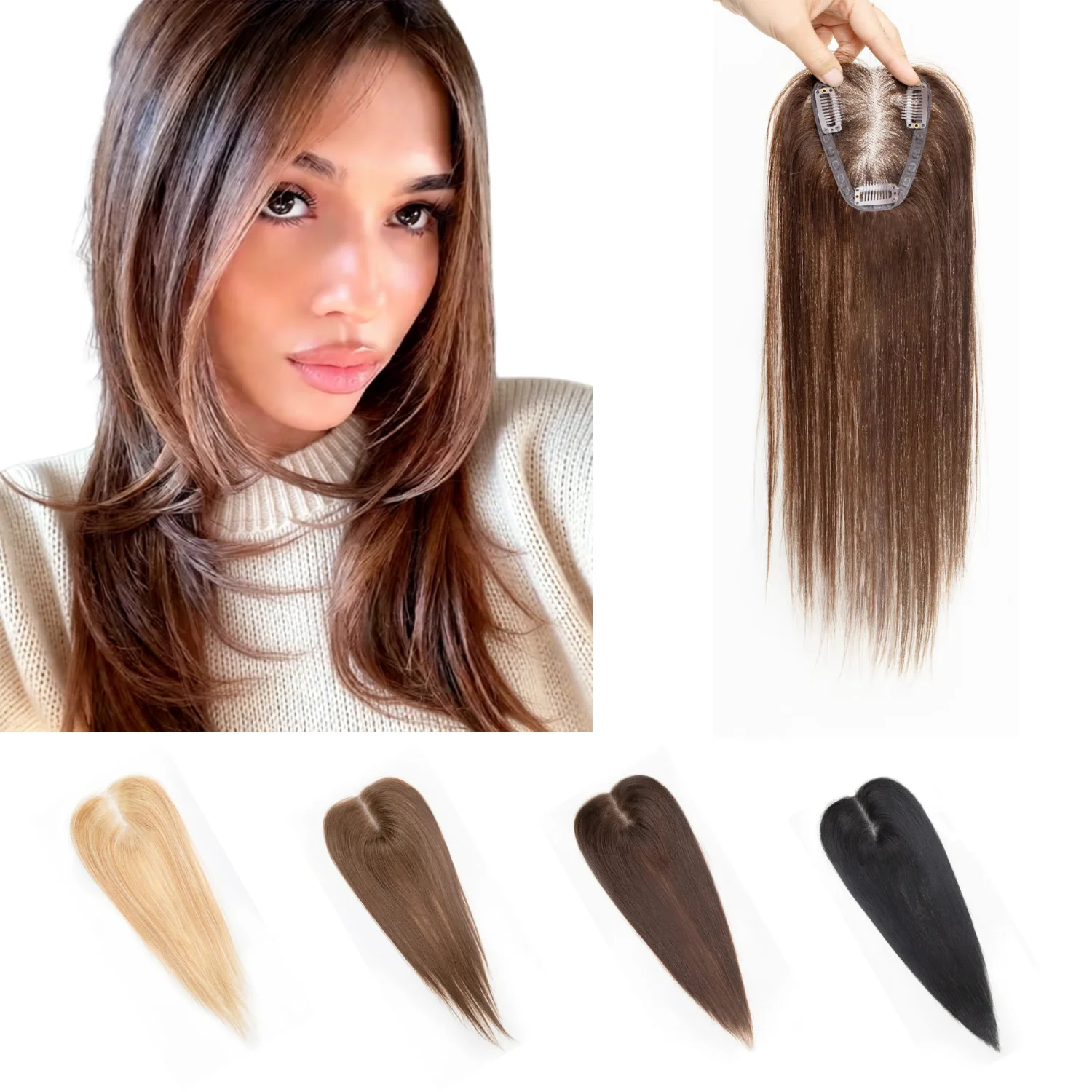 

Накладки для волос из 100% натуральных человеческих волос с коричневыми прядями, с центральным пробором, для женщин, на кружевной основе, на заколках, натуральные