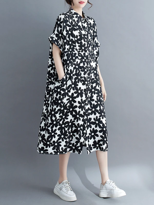 Slimming Floral Print irt Dr Women's Summer New Loose plus Size Big MM Slimming A-Line Dr Vintage Sle mid Waist