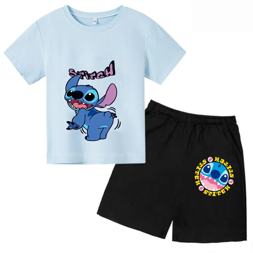 

New 2024 Disney Stitch Cartoon Tshirt And Shorts Set - Soft Cotton, Trendy Design, Perfect For Kids' Casual Days