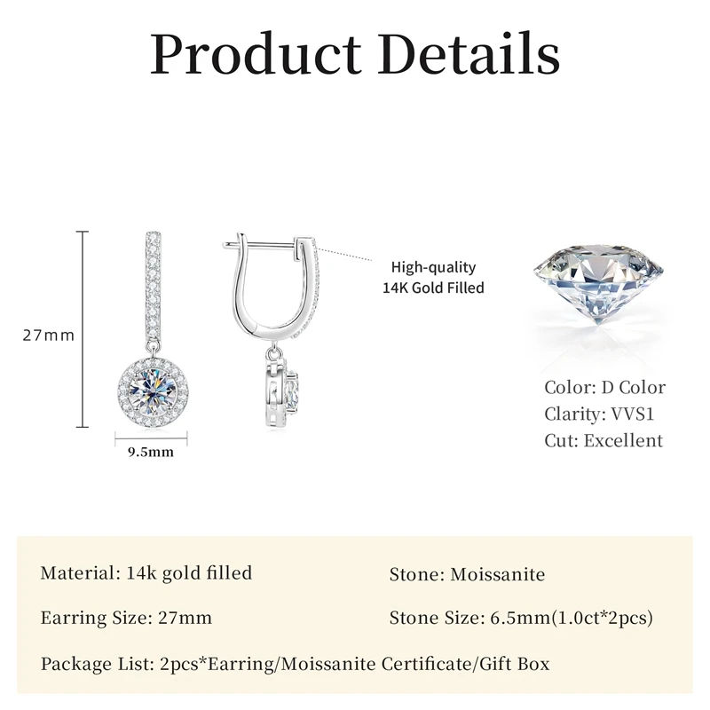 Lnngy Trendy 14K Gold Filled Dangle Earring 6,5MM 1CT runde Moissanit-Tropfenohrringe für Frauen, funkelnder Hochzeitsschmuck, Geschenk – Detail 6