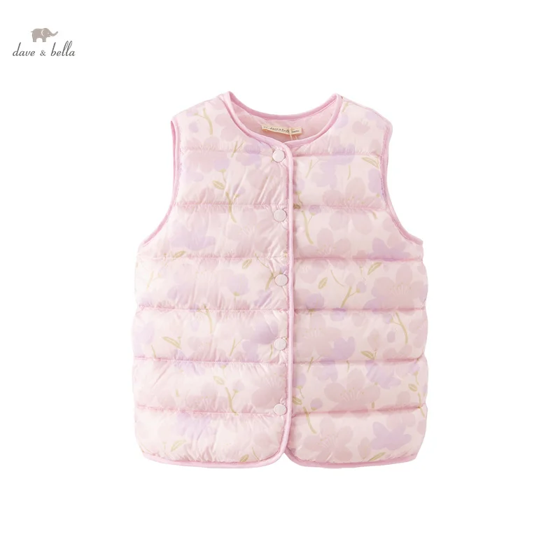 Dave Bella Children Down Vest Tank Top 2023 New Autumn Winter Girls Fashion Casual Cute Sweet Floral Party Outdoor DB12472-C