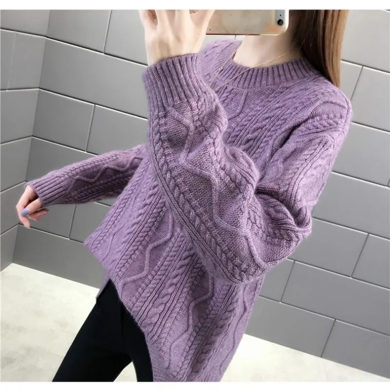 

Пуловер с круглым вырезом, женский осенне-зимний женский однотонный свободный вязаный свитер, топ