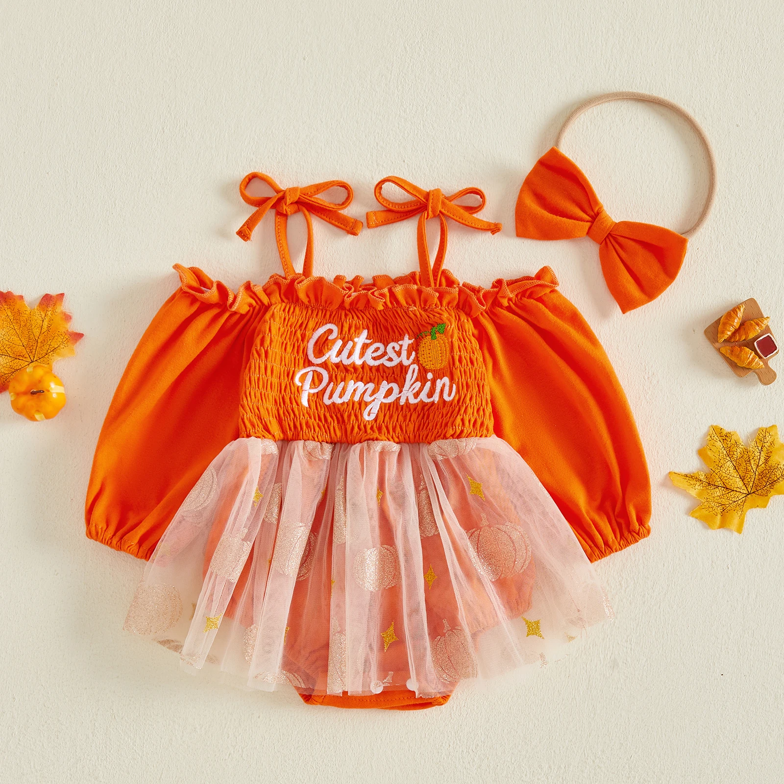 Baby Girls Fall Long Sleeve Romper Dress Pumpkin Embroidery Bodysuit Headband Halloween Costume
