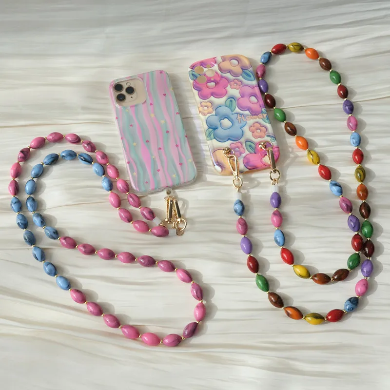 

New Phone Accessory Long Cellphone Chain Anti Lost Candy Beaded Shoulder Neck Crossbody Phone Strap Phone Case Holder Chain