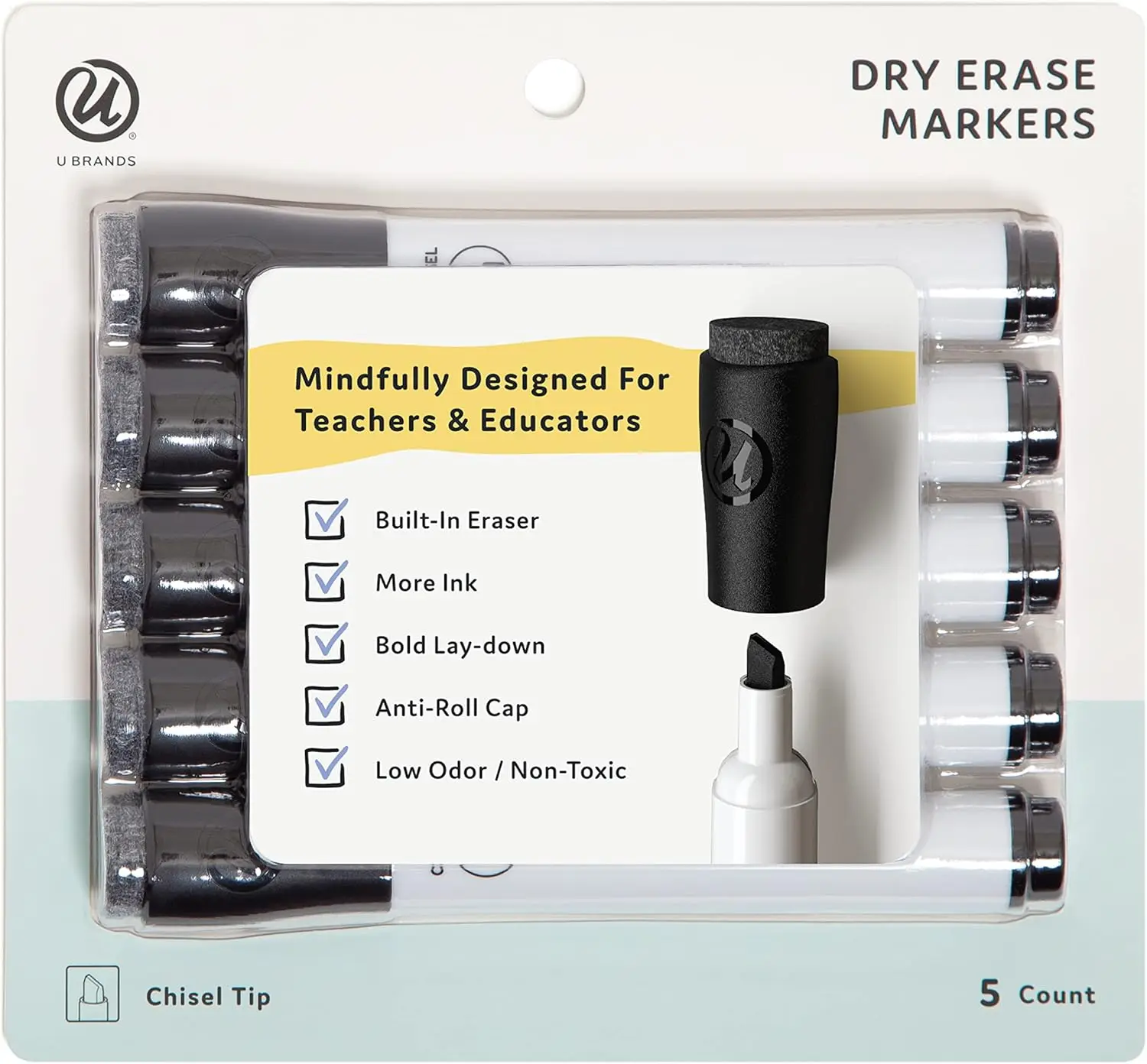 

Fine Tip Dry Erase Markers with Eraser, Low Odor, Black, Set of 5 for Whiteboard