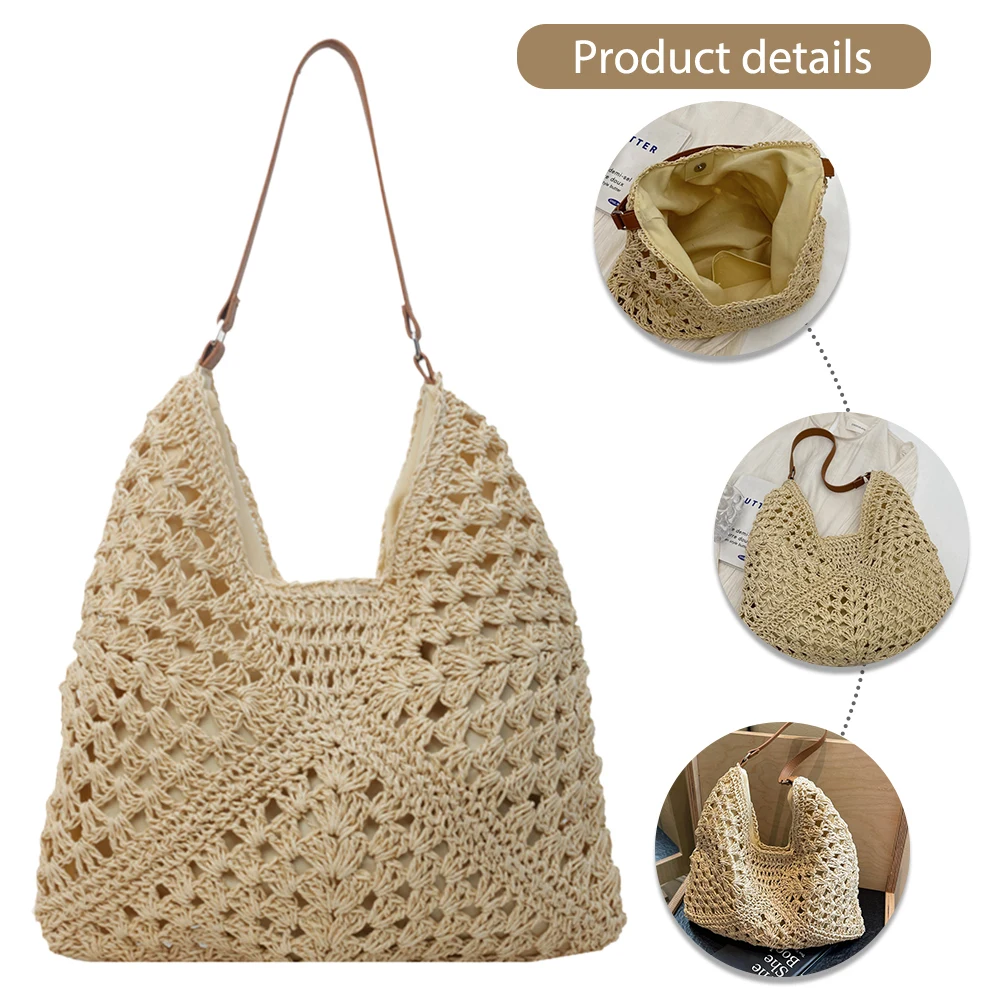 

Summer Straw Bag Hollow Out Tote Bag Large Underarm Bag Solid Color Holiday Travel Handbag Boho Shoulder Purse for Women