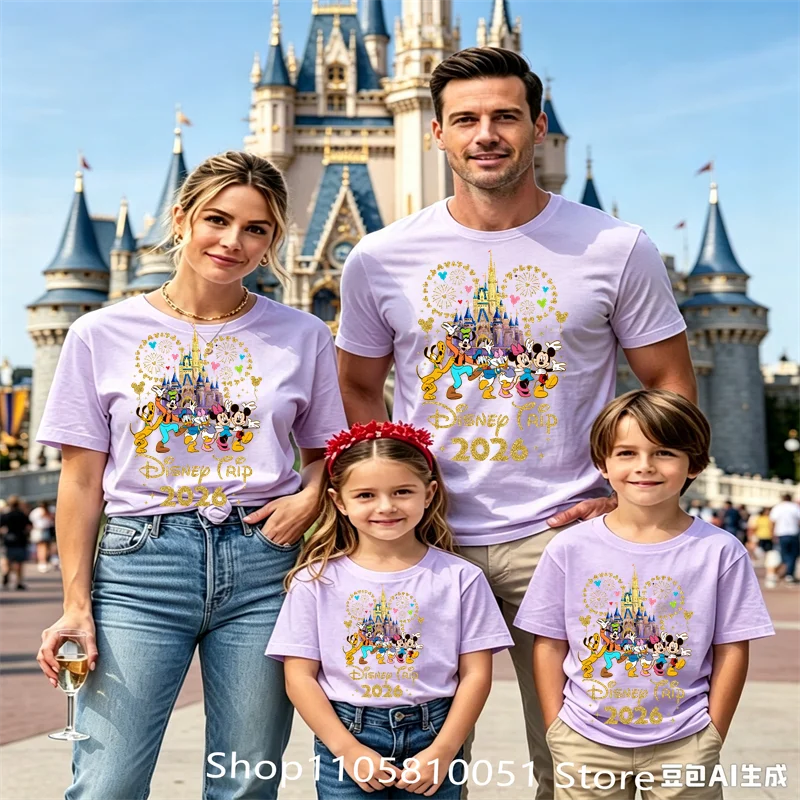 2026 Disney Castle Mickey Ear Print T‑Shirt Family Matching Short Sleeve Tops Casual Holiday Trip Tees Women Men Summer view 4