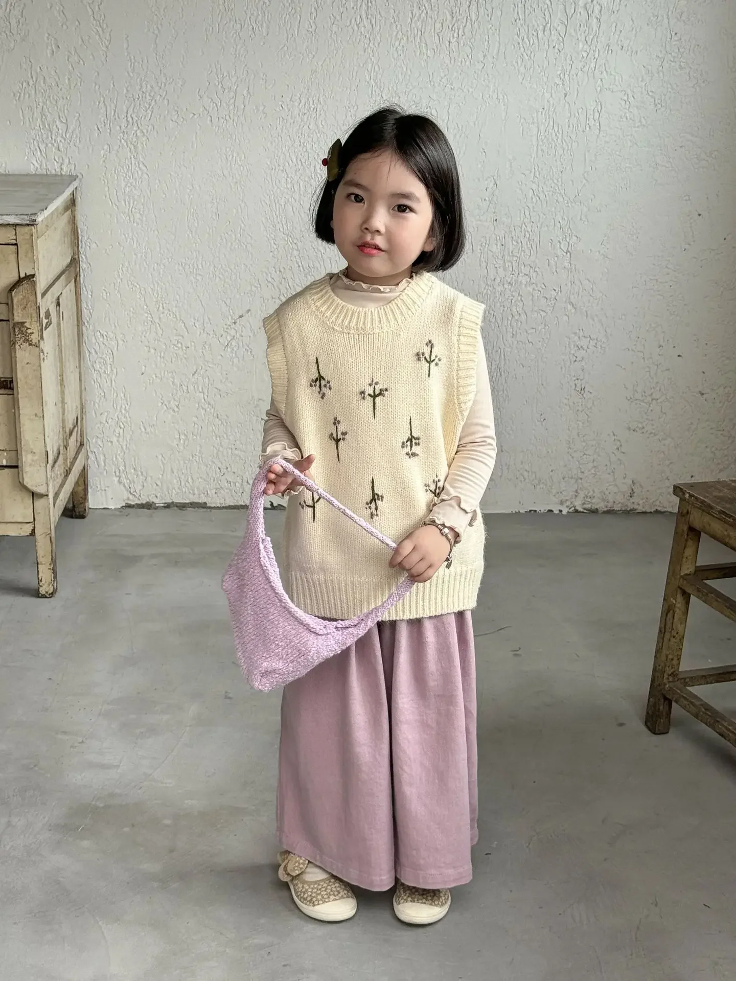 Mädchen Westen 2024, Herbst Neue Kinder Tragen Koreanischen Stil Mädchen Baby Handgehäkelt Lose Rundhals Gestrickte Weste Casual einfache