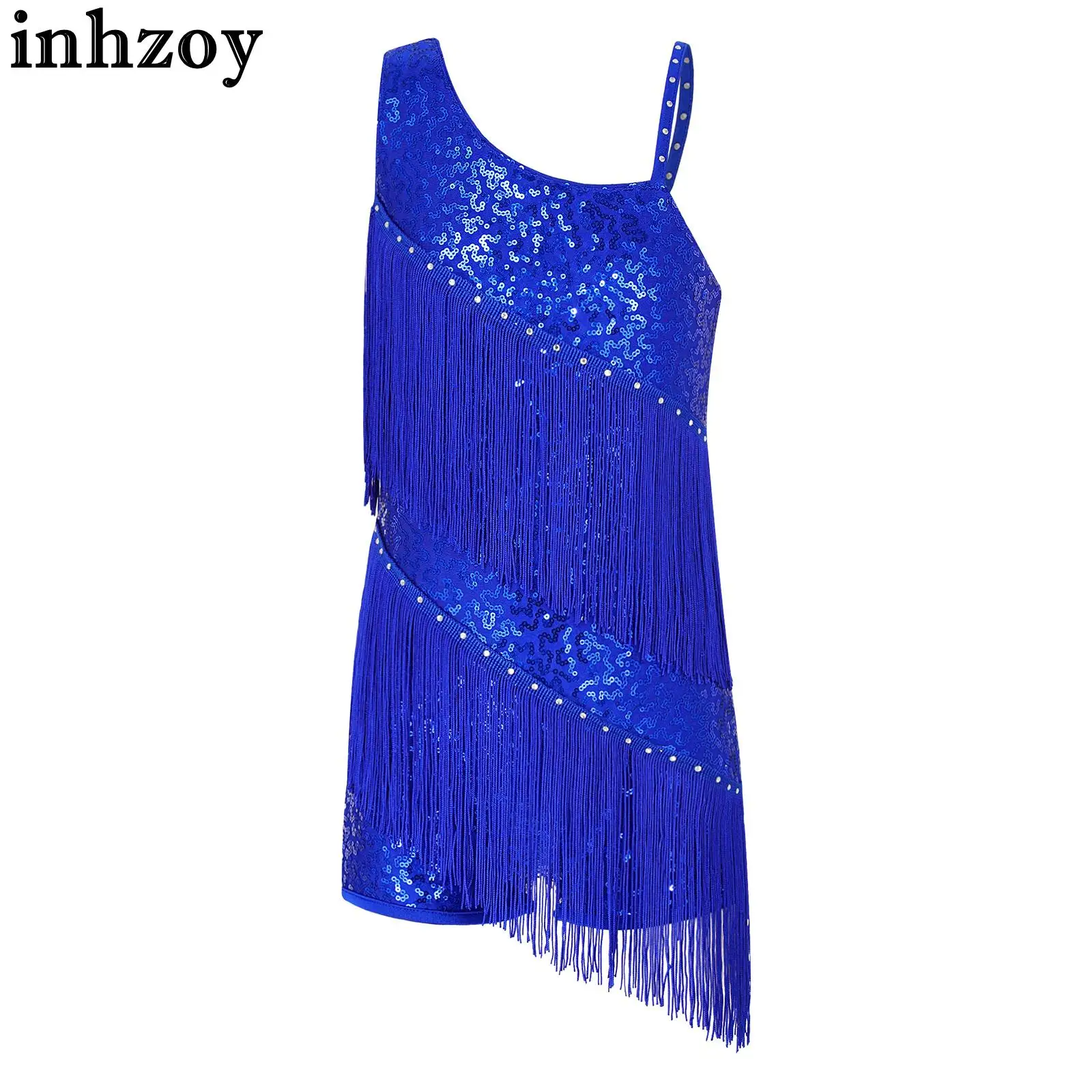 

Kids Girls Latin Jazz Salsa Tango Samba Rumba Dance Costume Sleeveless Sparkly Sequins One Shoulder Tassel Fringe Leotard Dress