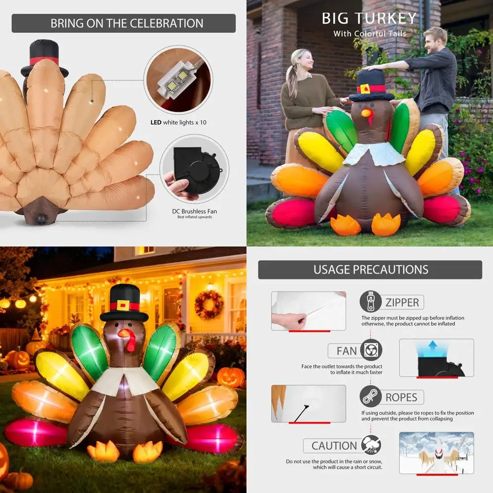 

LED Lighted Thanksgiving Turkey Inflatable with Colorful Tail - Outdoor Lawn Yard Decoration