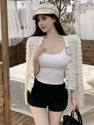 Elegant Short Knitted Cardigan with Tassel Trim Sweet Luxury Fur Trendy Outerwear for Women Commute Style Pure Color Polyester