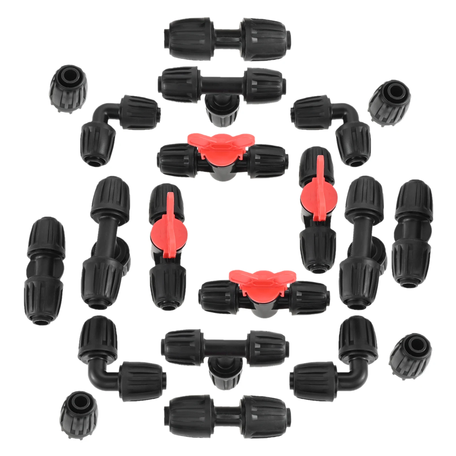 

20pcs Garden Irrigation Fittings Kit for 1/2"" Drip Hoses with T-pieces+Couplings+Ends+Elbows+Switching Valves Barbed Connector