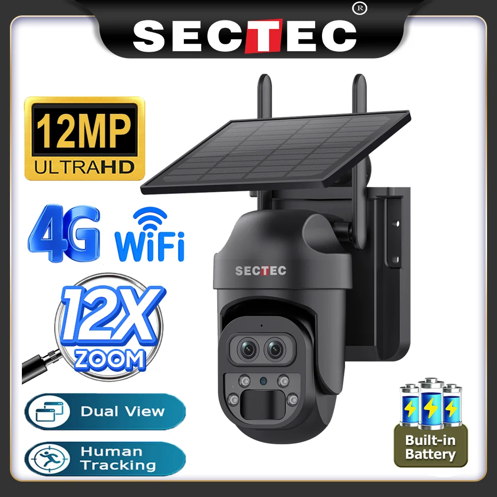 SECTEC 12MP Solar Outdoor Surveillance Camera  12X Zoom Security Camera Waterproof Solar Powered CCTV Camera with Night Vision