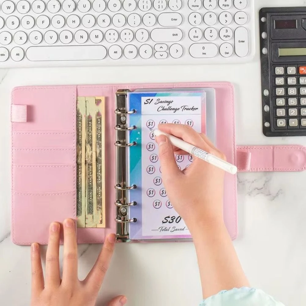 PU Leather Envelope Challenge Binder Challenging Loose-leaf Savings Challenges Book Refillable Storage Wallet