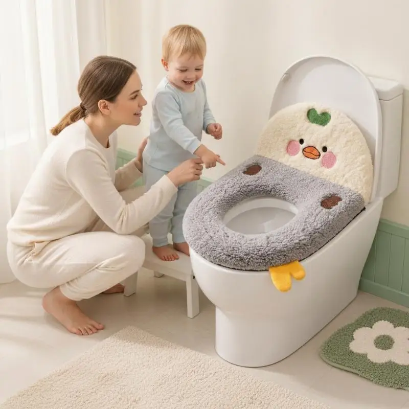 Cold Proof Thick Lamb Fleece Toilet Seat Cover Full Wrap Zipper Cartoon Backrest Soft for Winter Home Bathroom