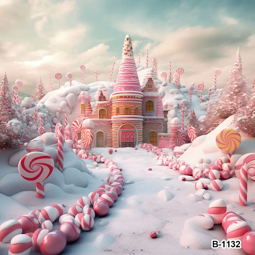 Winter Snowy Pink House Castle Backgrounds Lollipop Candy Store Xmas Trees Cake Smash Birthday Party Decoration Backdrops Props