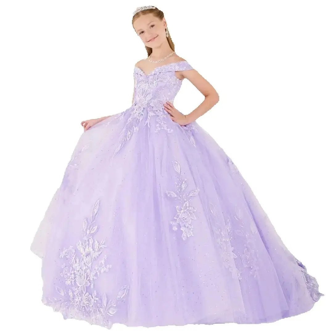 Personalizado casamento aniversário lilás tule apliques florais vestido da menina de flor bordado sem mangas para baile banquete vestido princesa
