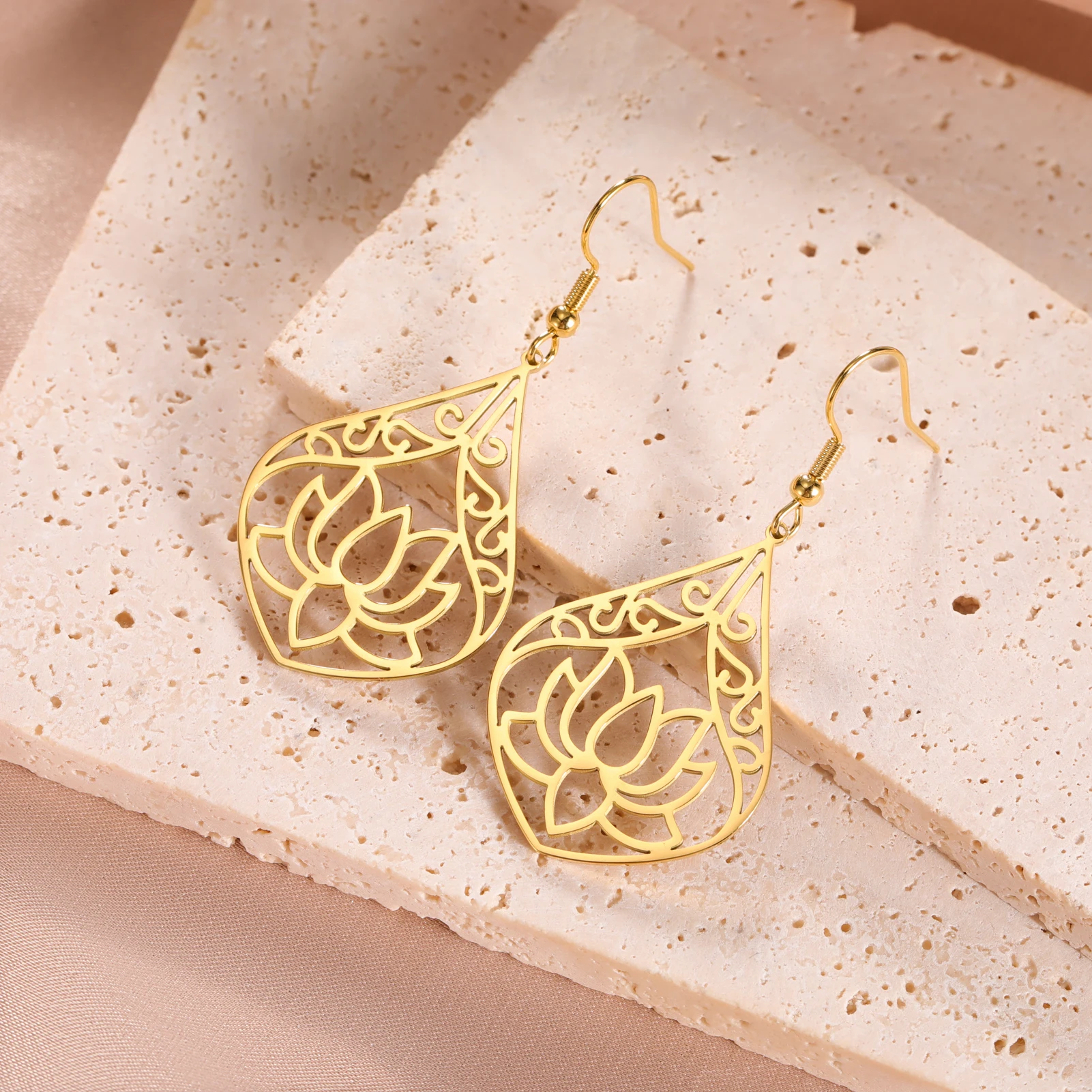 LIKGREAT Stainless Steel Lotus Flower Earrings Drop Dangle Earring Jewelry for Women Girl Ethnic Buddhist Symbol Gifts 2024