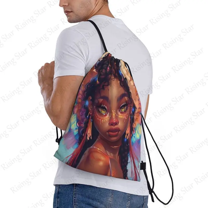 Black Cartoon Girl Queen Bicycle Backpack Gym Drawstring Shoe Bag Multifunctional Sports Bag Beach Travel Backpack Unisex Gift