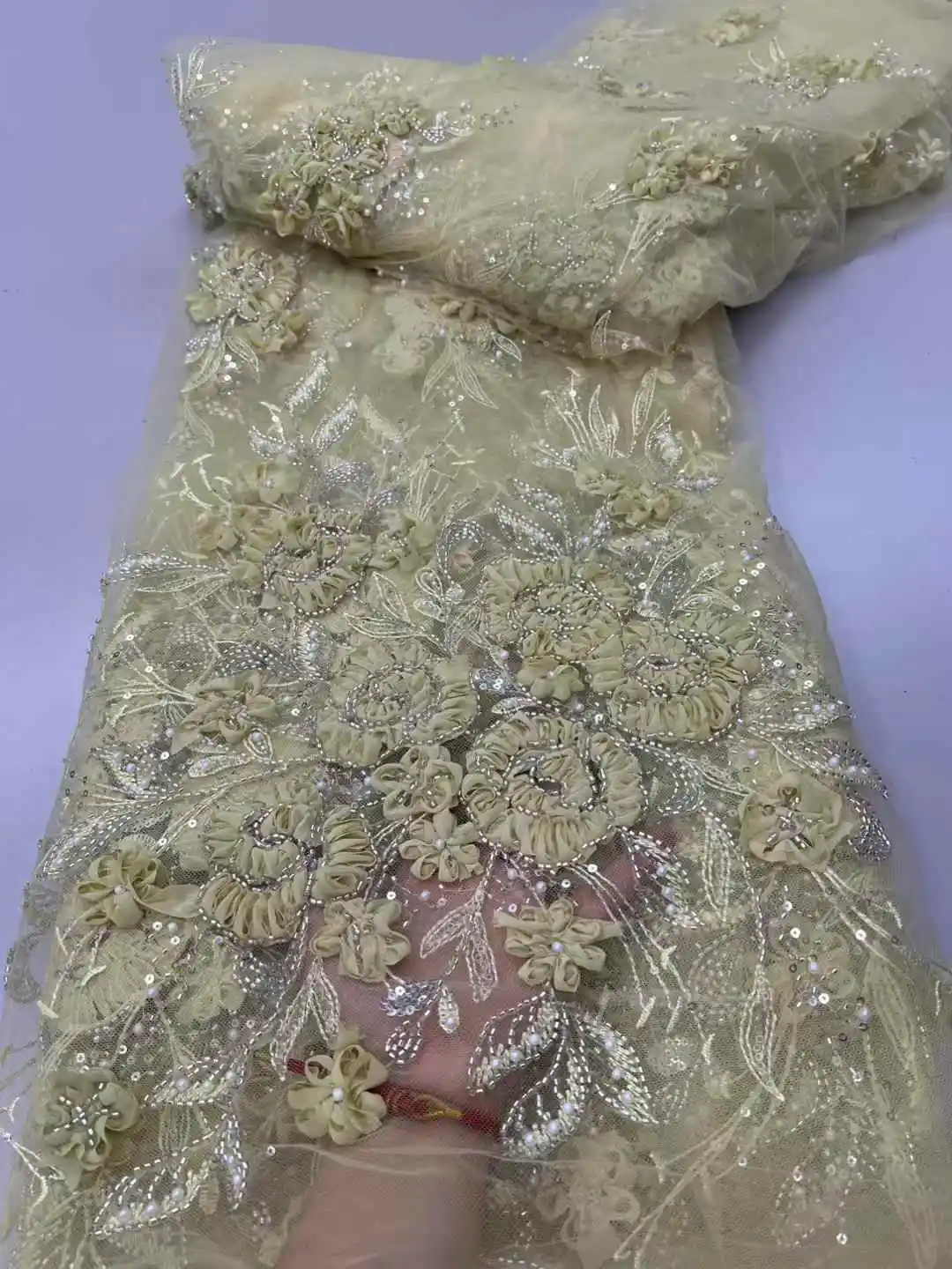 아프리카 스팽글 페르시 레이스 원단 2025 고품질 나이지리아 코튼 레이스 원단 5 야드 여성 파티 드레스를위한 수제 직물