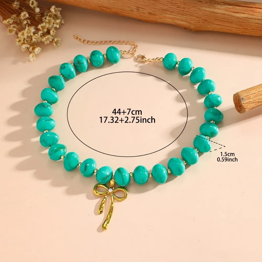 Light Luxury Resin Beaded Necklace Multicolor Boho Bow Pendant Choker Round Exaggerated Sweater Chain Girls