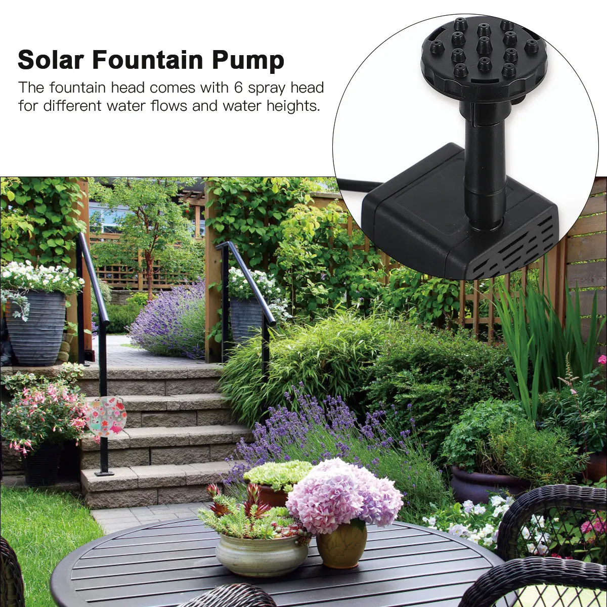 

Solar Fountain Pump Kit 6 Spray Heads Outdoor Garden Water Feature For Bird Bath Pond Aquarium Floating Solar Powered
