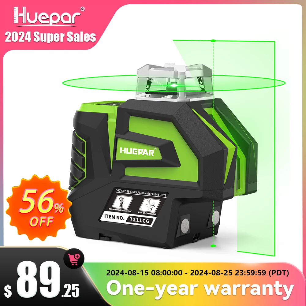 huepar auto nivelamento nivel laser verde 360 linha cruz plumb dots li ion bateria hard case fan angulo laser tools 7211cg 01