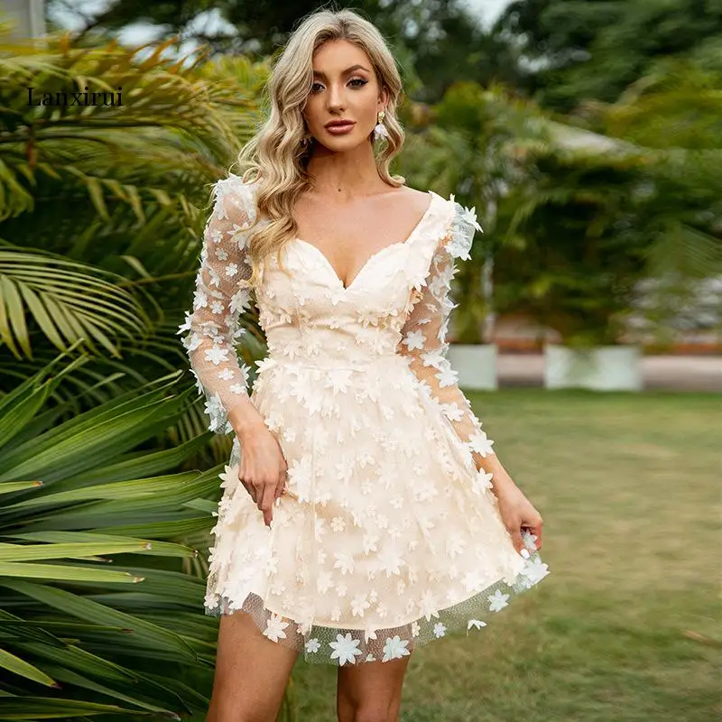 

2022 fashion new three-dimensional printed chiffon skirt low-cut waist sexy dress mesh perspective
