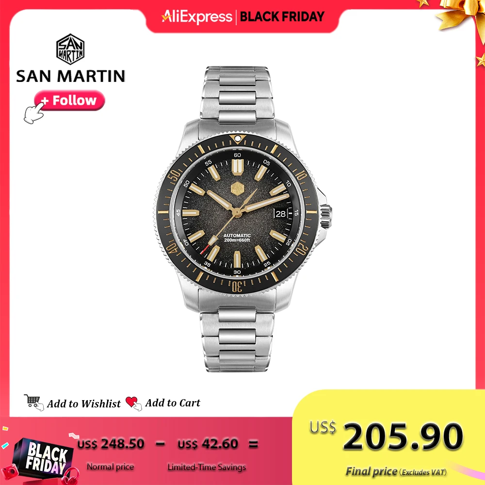 

2025 San Martin Новые 40 мм дайверские часы из нержавеющей стали NH35 автоматические механические 200 м водонепроницаемые мужские часы светящиеся SN0118G-B