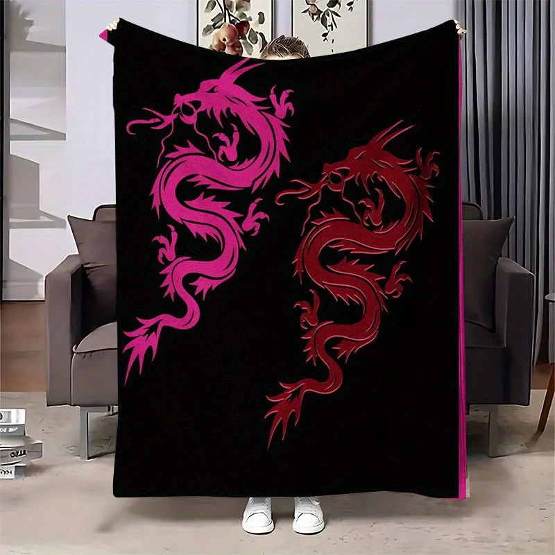 Pink Red Dragon Silhouette Solid Black Base Print Blanket, Light Flannel Throw For Couch Room, Cool Chinese Style Daily Blanket