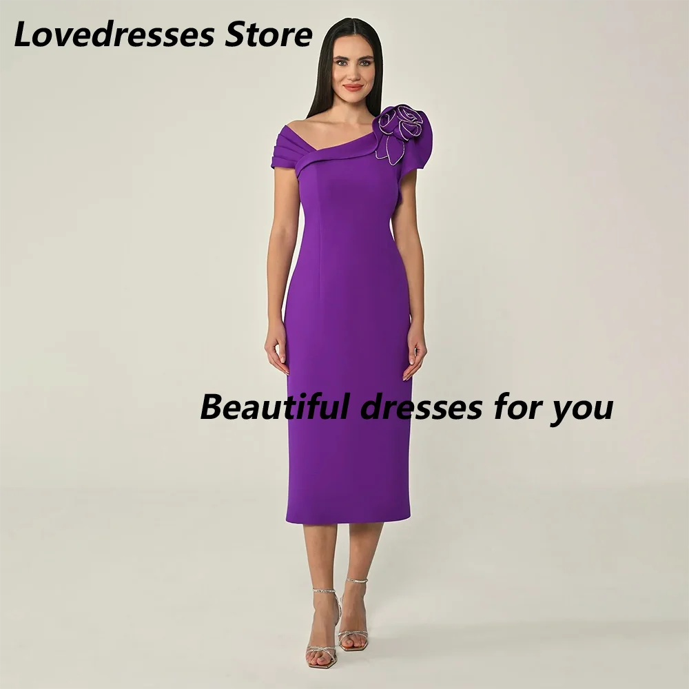 

Midi Evening Dresses Elegant Off Shoulder Flower Tea Length Column Formal Party Gowns Women's Cocktail Dress Customized