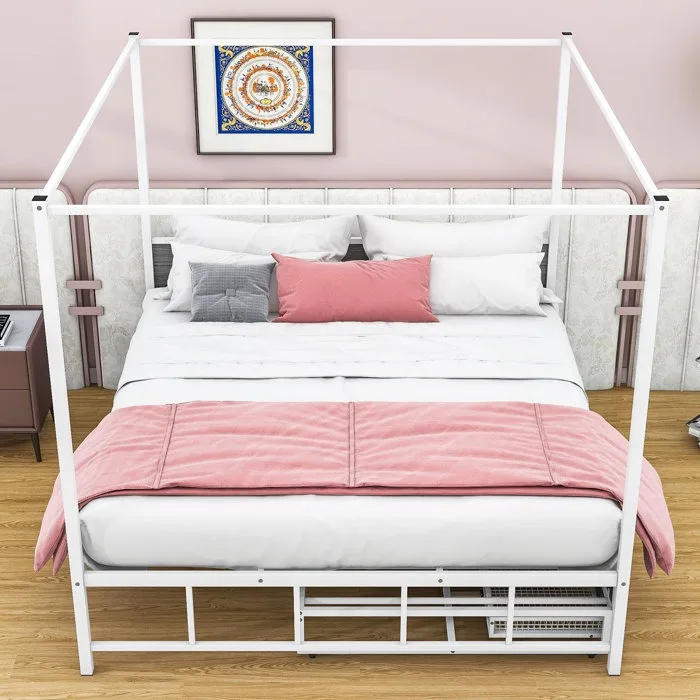 Factory Wholesale Modern Extra Large Metal Bed Frame Canopy Pure White Noiseless Easy Assembly Storage for Bedroom Hotel Use