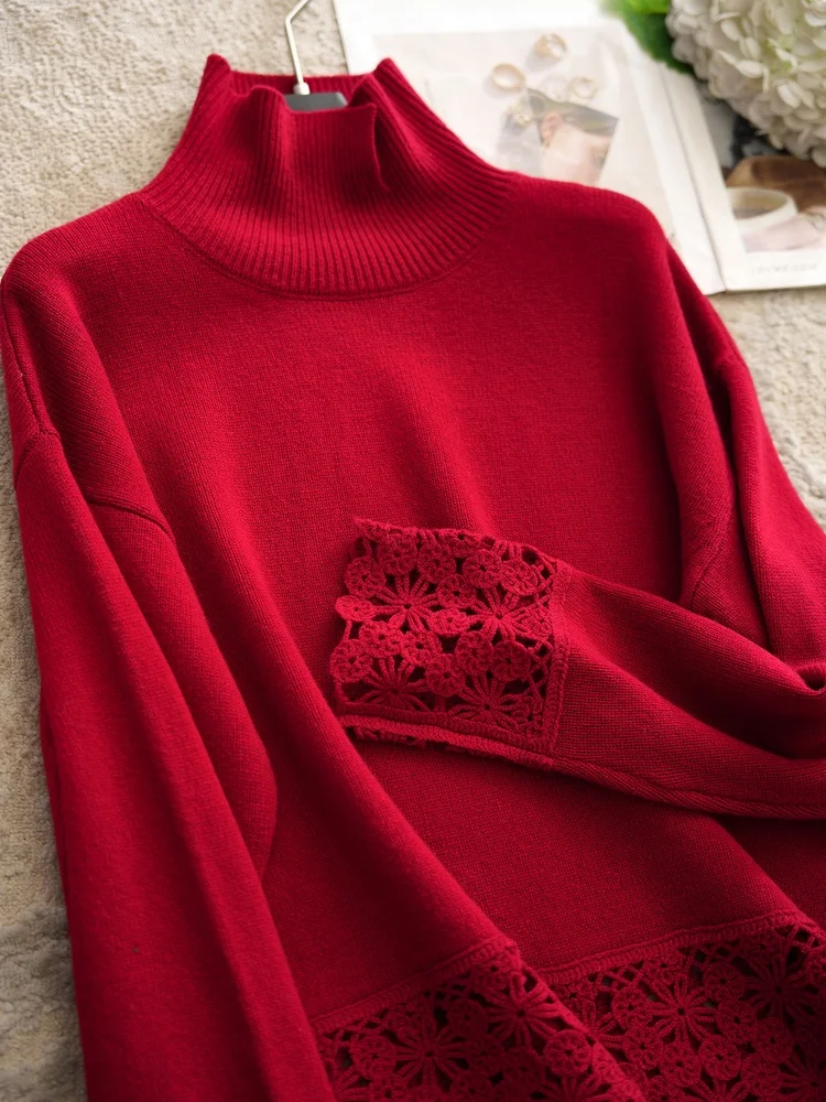 

Женский вязаный свитер с высоким воротником из 100% шерсти, красный, с ажурным узором, для зимы, для ежегодных встреч, модный