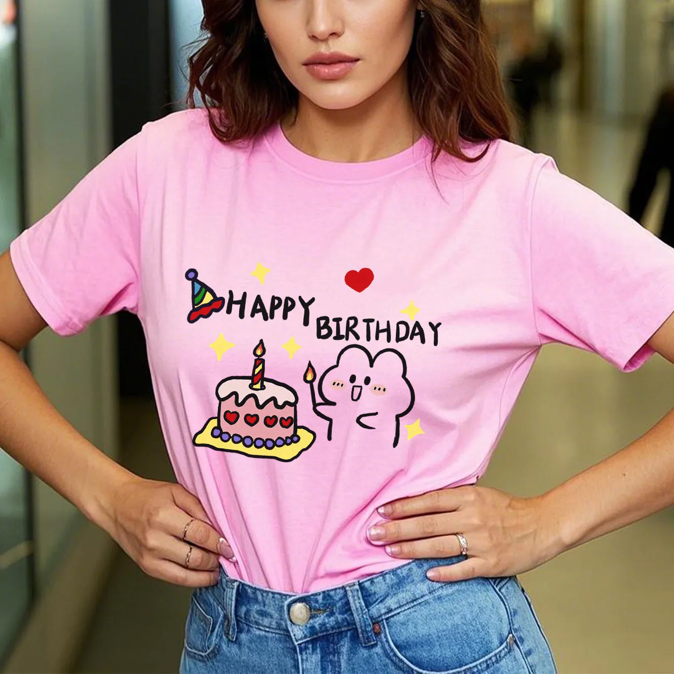 ハッピーバースデープリントTシャツ カジュアル半袖 四季に適したファッション 多用途なホリデー レディースTシャツ